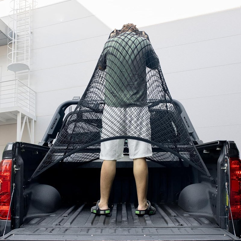 Isvo Cargo Net for Pickup Truck Bed, Trucks Cargo Net Mesh Organizer, 4'x4' Stretch to 7'x7' Highly Elastic Truck Bed Net for Camping, Trip Luggage, Compatible with Trailer, Ford, Chevrolet, Dodge - Image 1